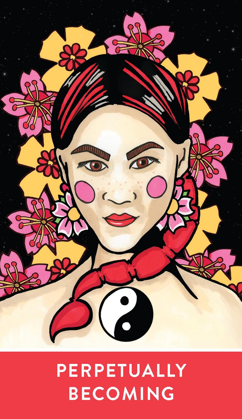 Illustration of a person with a floral headband and yin yang symbol, with 'Perpetually Becoming' text at the bottom.