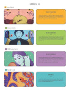 Set of Libra tarot cards with colorful illustrations and text on a white background