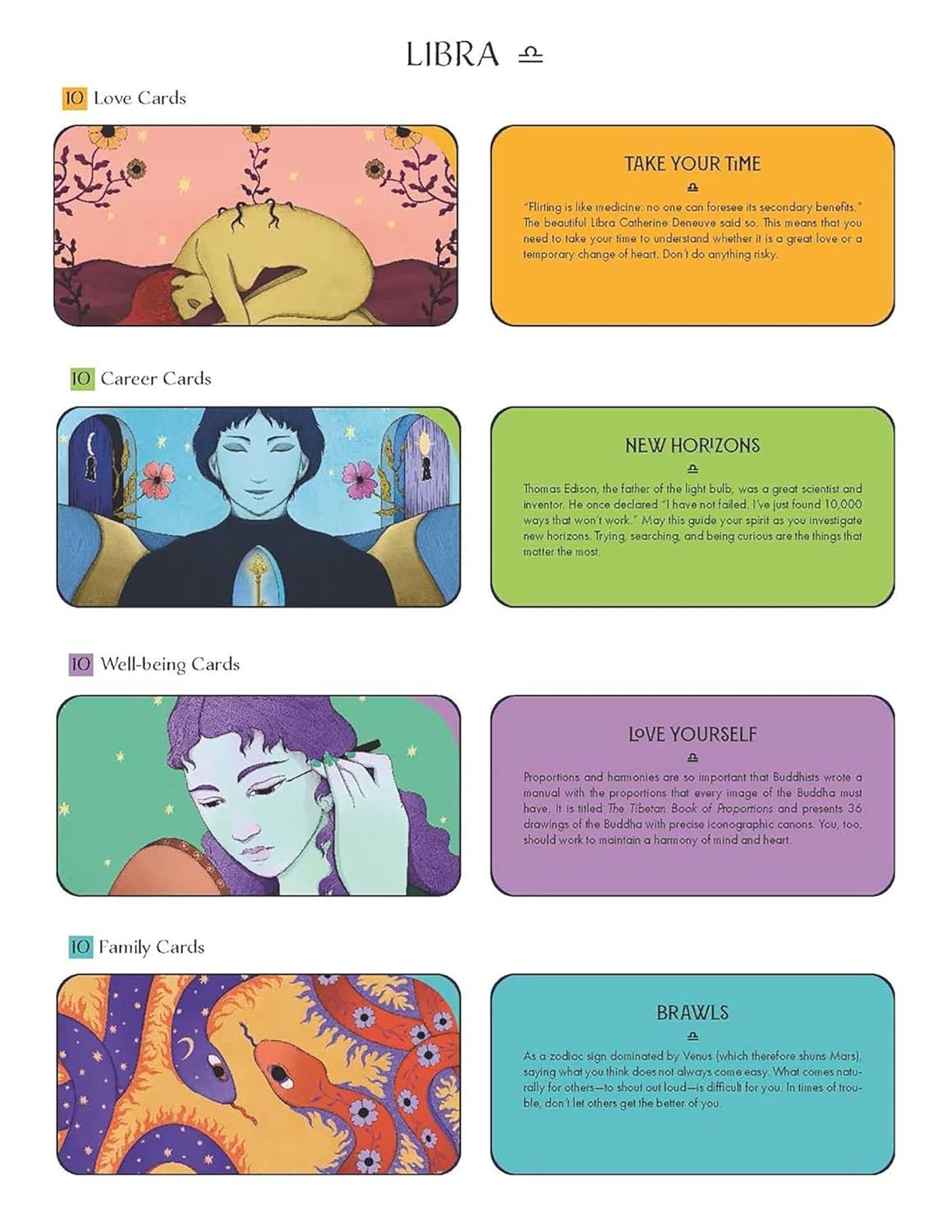 Set of Libra tarot cards with colorful illustrations and text on a white background