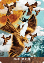 Card featuring eagles flying over water and sun with 'Eight of Fire' text