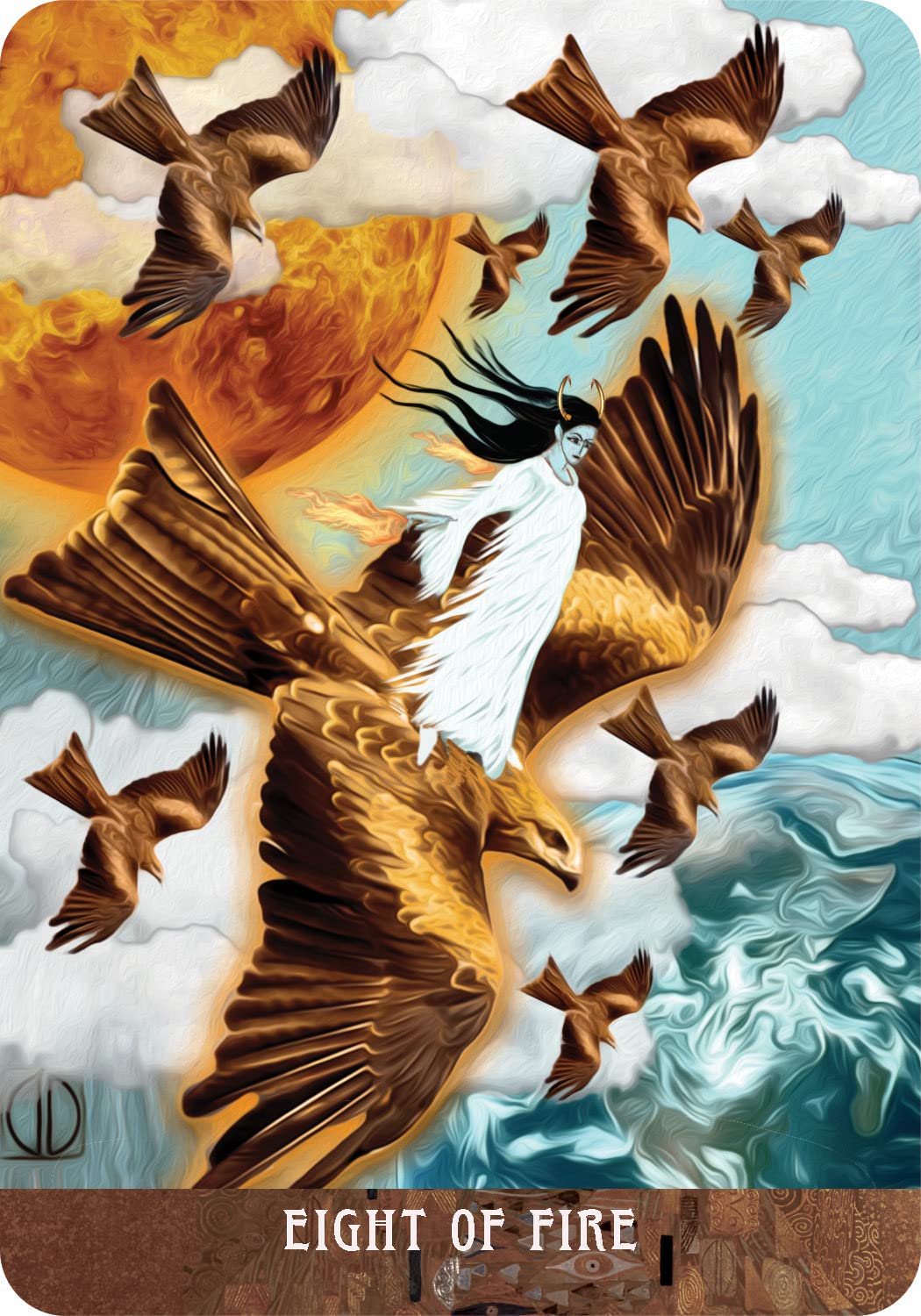 Card featuring eagles flying over water and sun with 'Eight of Fire' text