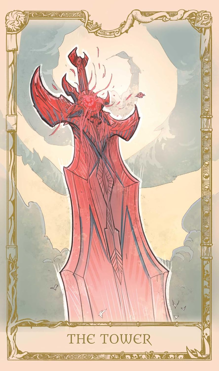 Artistic depiction of a character in a red outfit with a large tower-like structure, titled 'The Tower'.