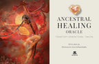 Book cover of 'Ancestral Healing Oracle' with a woman in a red dress and heart symbol.