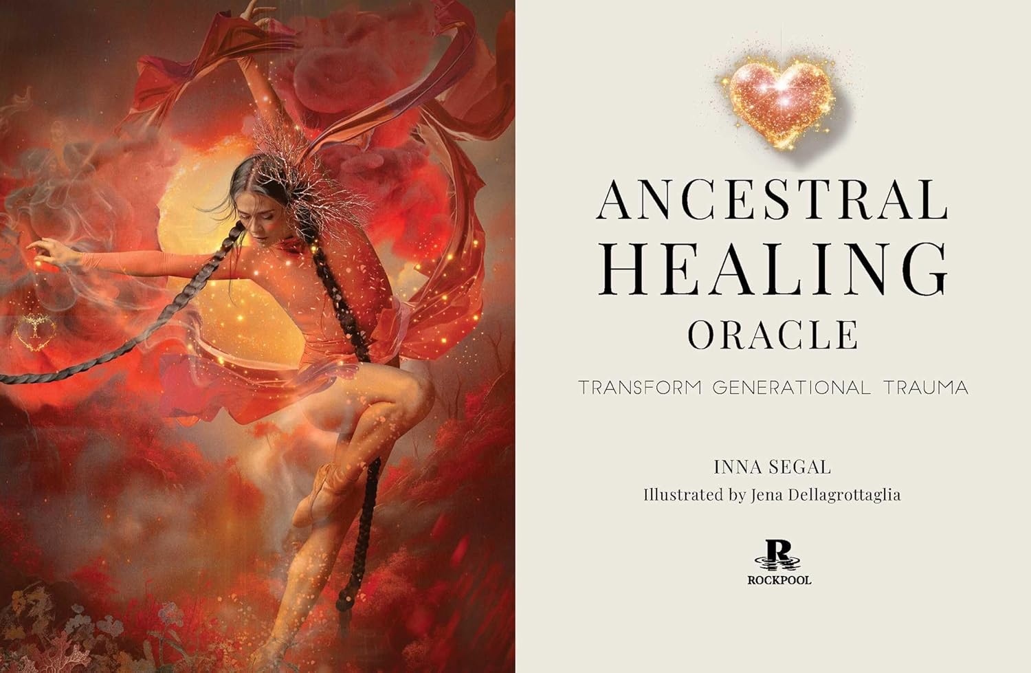 Book cover of 'Ancestral Healing Oracle' with a woman in a red dress and heart symbol.