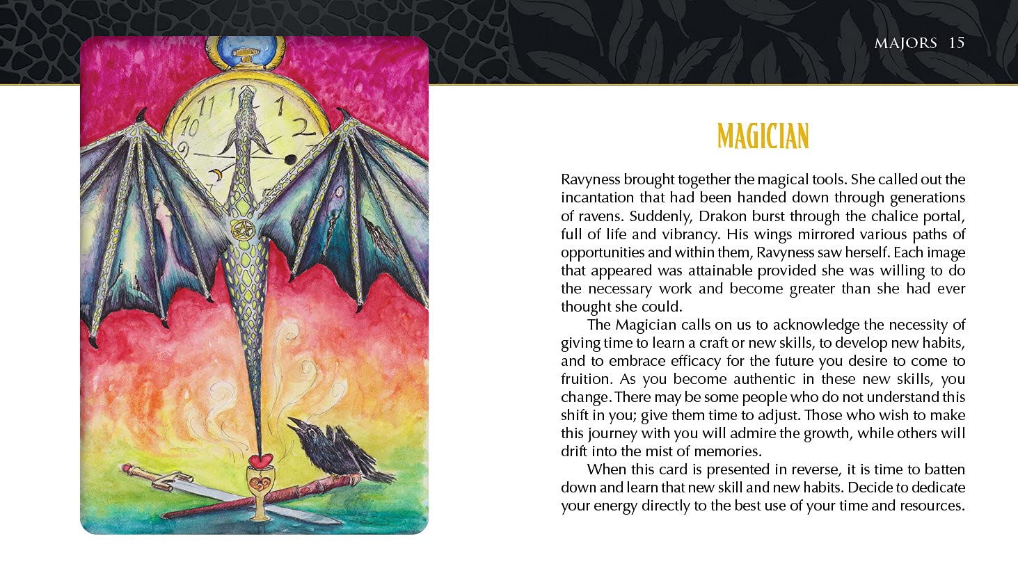 Colorful tarot card featuring a dragon and text on a dark background