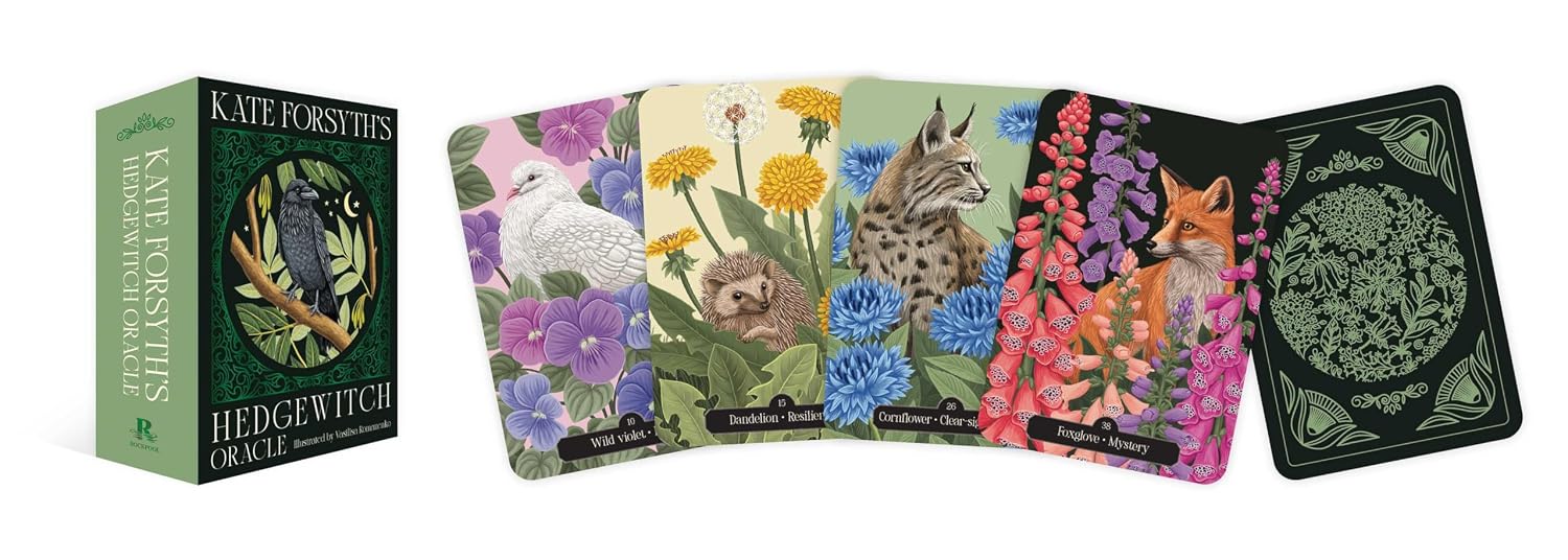 Hedgewitch Oracle card deck box and a fan of illustrated cards by Kate Forsteris, showing woodland animals and flowers on a white background.