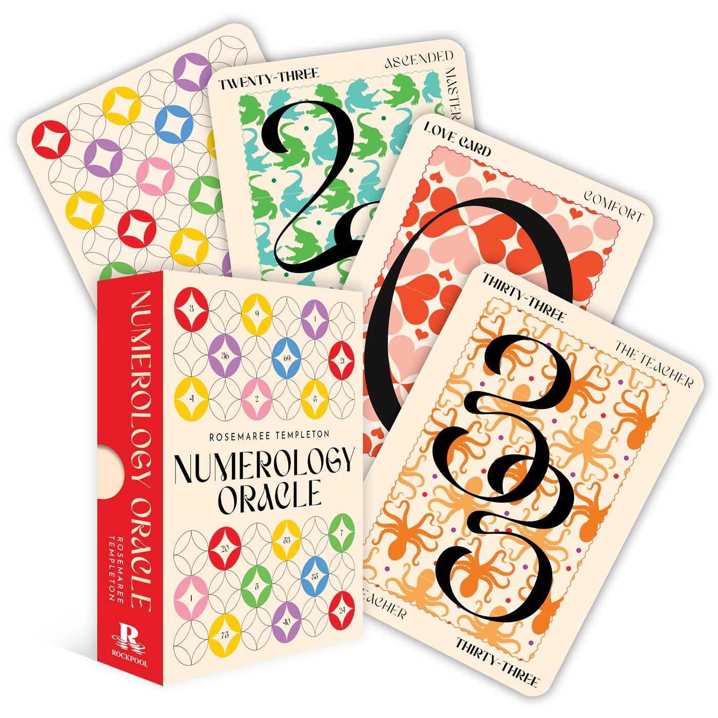 Numerology Oracle cards with colorful designs and text on a white background