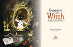 Front cover of the 'Seasons of the Witch Mabon Journal' by Lorrine Anderson, illustrated by Tiffanni Gabbe, published by Rockpool. The left half features a dark, mystical illustration with a mirror showing a witch, candles, herbs, and an open book.
