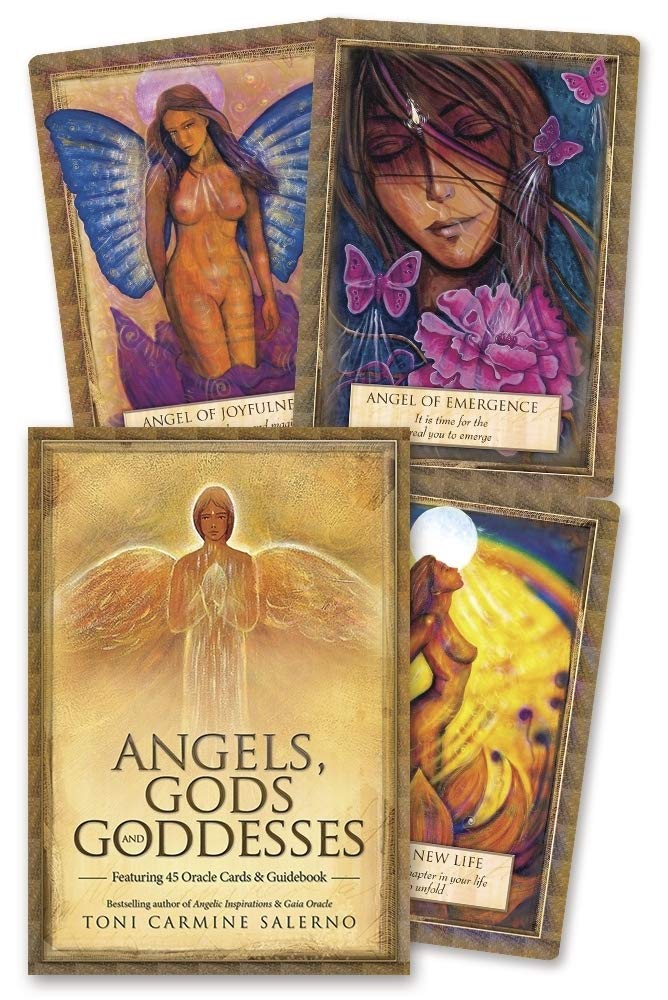 Set of angel-themed cards with decorative borders and text on a wooden surface.