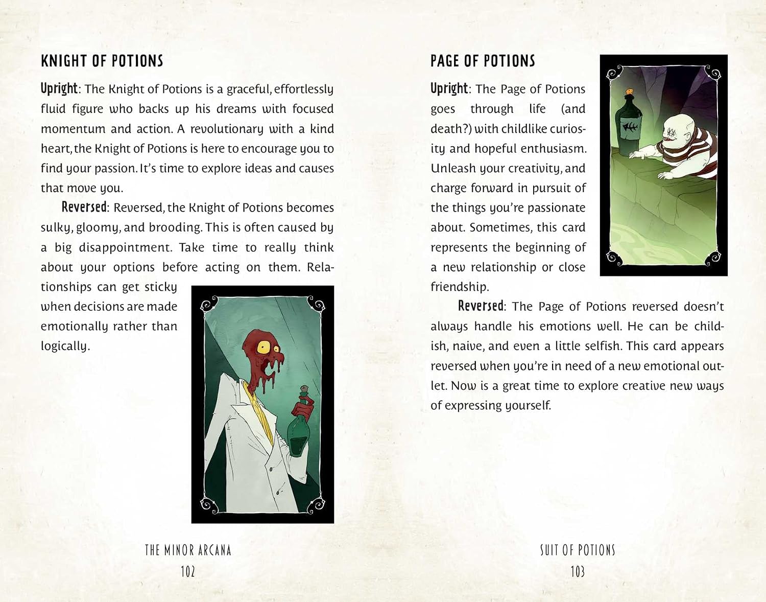 Card game illustration with text on 'Knight of Potions' and 'Page of Potions' from the Minor Arcana deck.