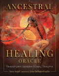 Book cover of 'Ancestral Healing Oracle' with a woman in a red dress and dragon wings.