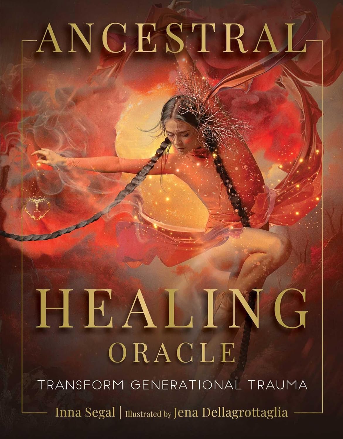 Book cover of 'Ancestral Healing Oracle' with a woman in a red dress and dragon wings.