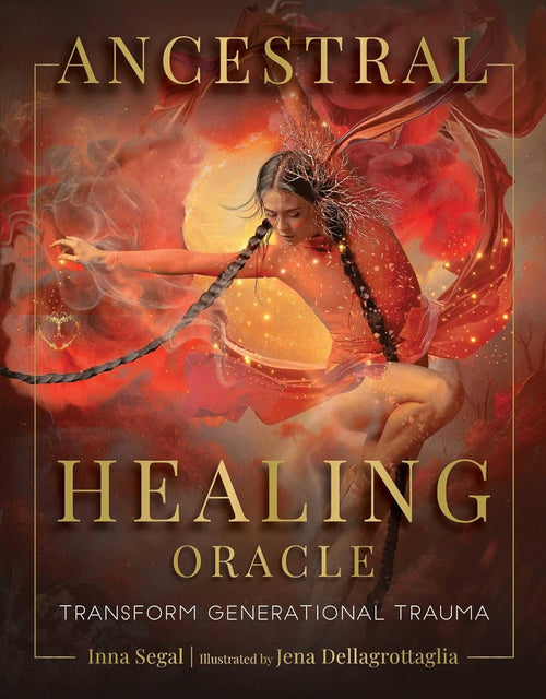 Book cover of 'Ancestral Healing Oracle' with a woman in a red dress and dragon wings.
