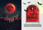 Halloween-themed design with a red moon, zombies, and a tombstone with 'Card Meanings' text.