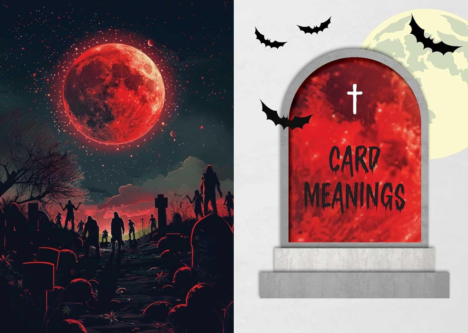 Halloween-themed design with a red moon, zombies, and a tombstone with 'Card Meanings' text.