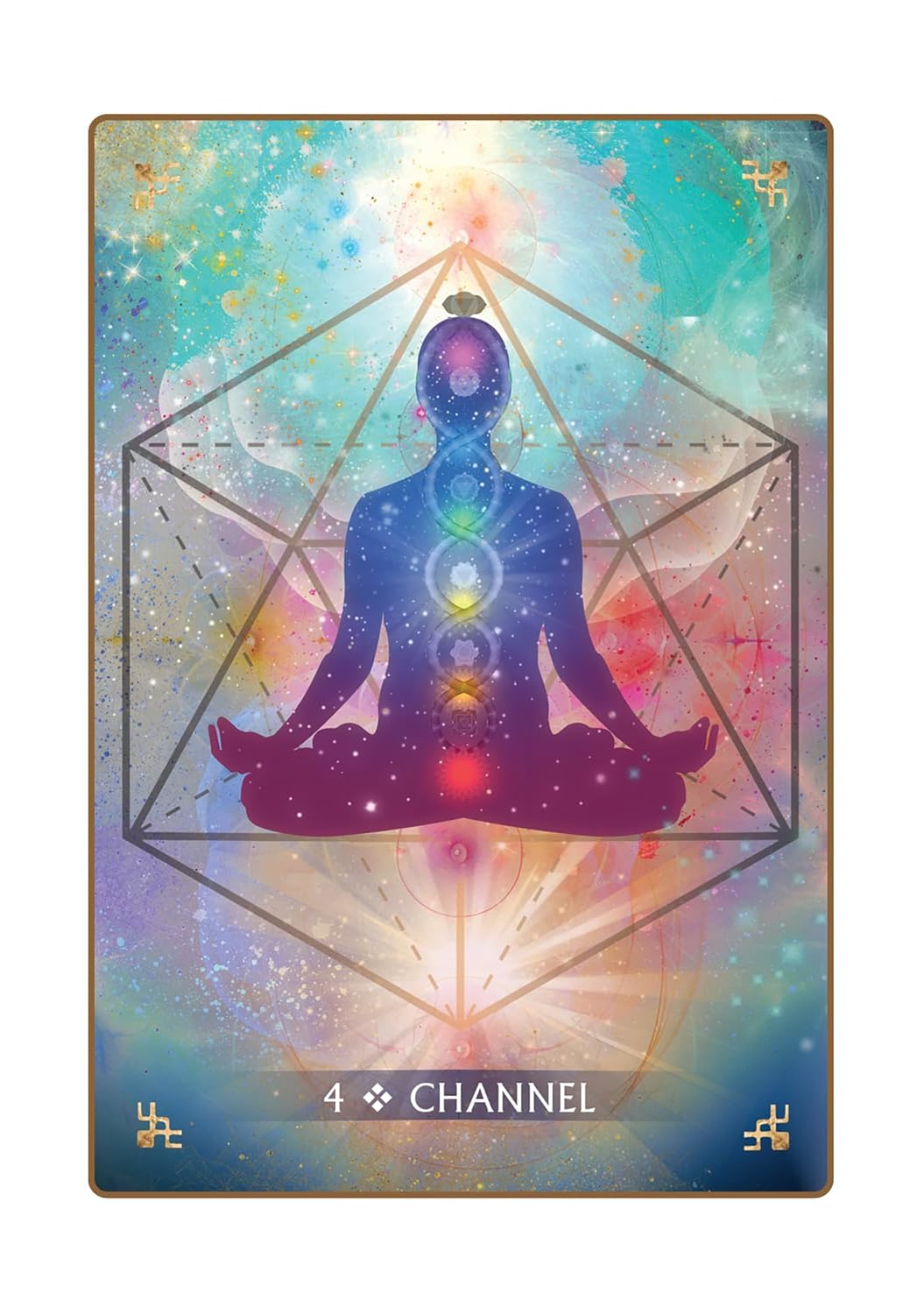 Card with a silhouette of a person in meditation, surrounded by chakra symbols and geometric shapes on a colorful background.