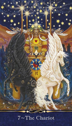 Card titled '7~The Chariot' featuring a winged chariot, black horse, and white horse against a starry night sky.