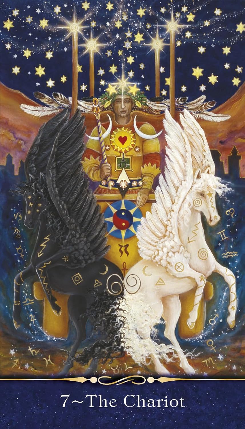Card titled '7~The Chariot' featuring a winged chariot, black horse, and white horse against a starry night sky.