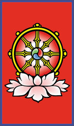 Dharma wheel with a lotus flower on a red background