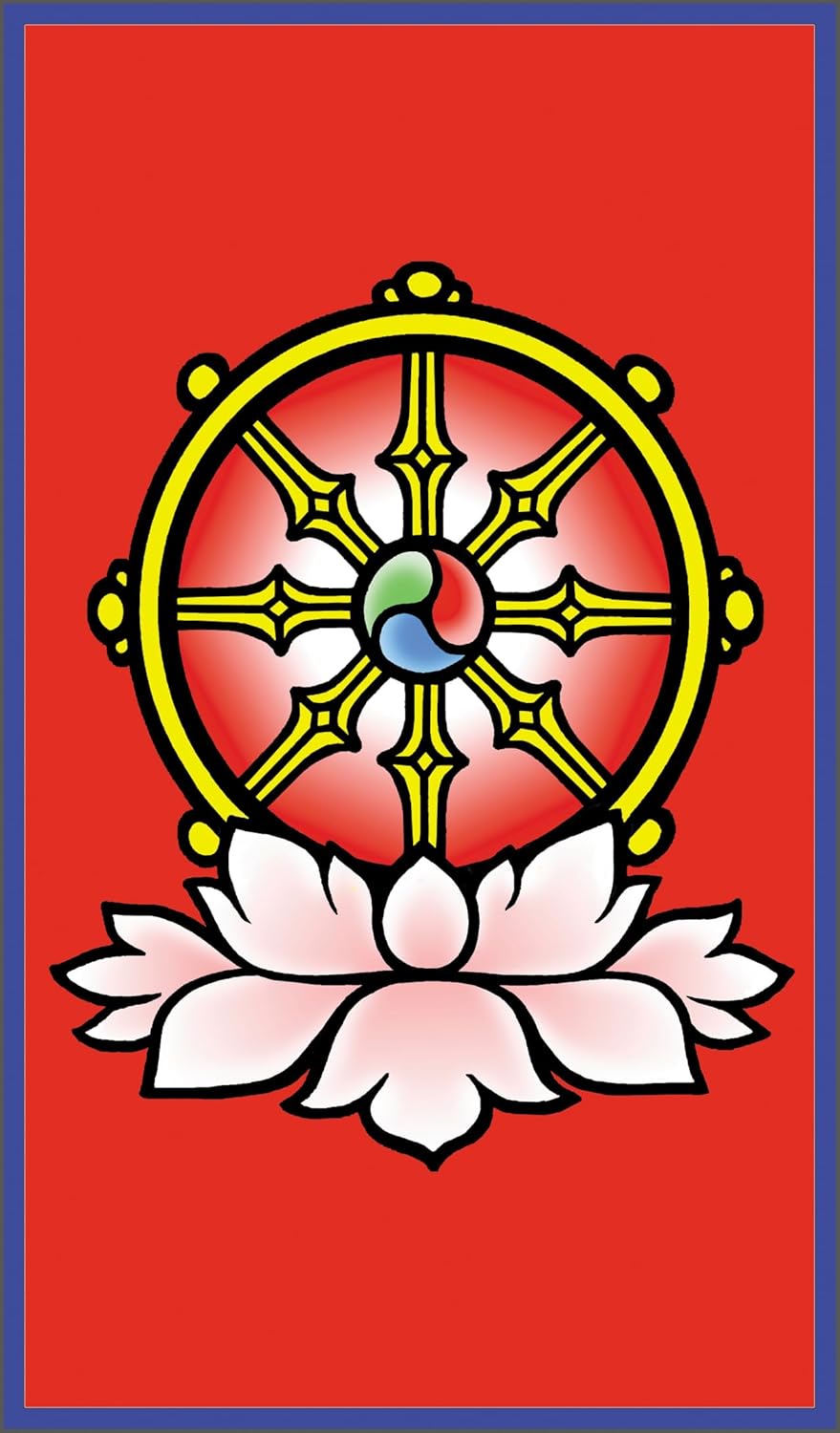 Dharma wheel with a lotus flower on a red background