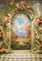 Floral archway leading to a scenic landscape with 'BEAUTY' text at the bottom.