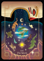 Tarot card titled 'The World' with astrological symbols and animals on a dark background
