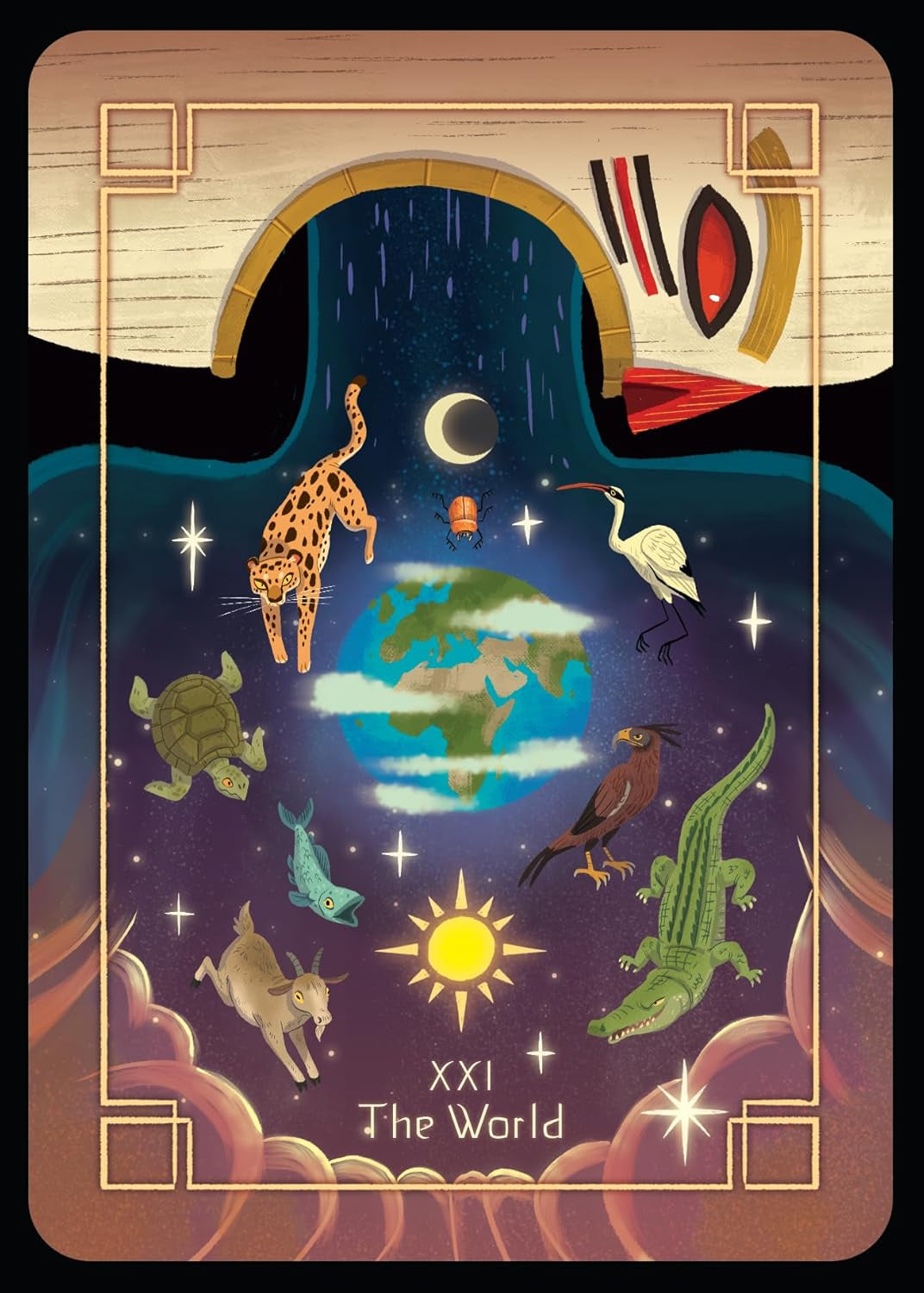 Tarot card titled 'The World' with astrological symbols and animals on a dark background