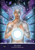 Illustration of a person with silver hair and skin, holding a glowing orb in a library setting.