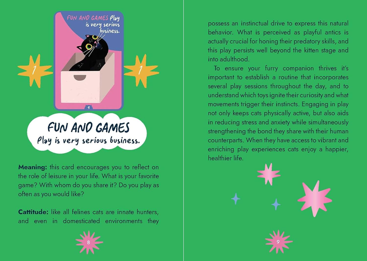A green card or booklet page with playful text about feline behavior, a small illustration of a pink box with a black cat peeking out, and several pink starburst shapes on a green background.