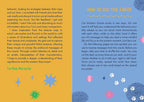 A printed card or booklet page with a split design: the left side is warm yellow/orange with a long paragraph of text and a signature reading Carlsby Marquise, with small colorful flower illustrations. The right side is blue with the heading 'HOW TO USE THE CARDS' and additional instructional text, plus small cat and star illustrations.