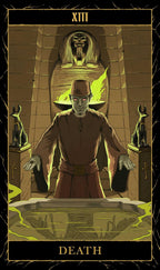 Tarot card titled 'Death' with a figure in a hat and coat, surrounded by Egyptian-style statues and hieroglyphs.