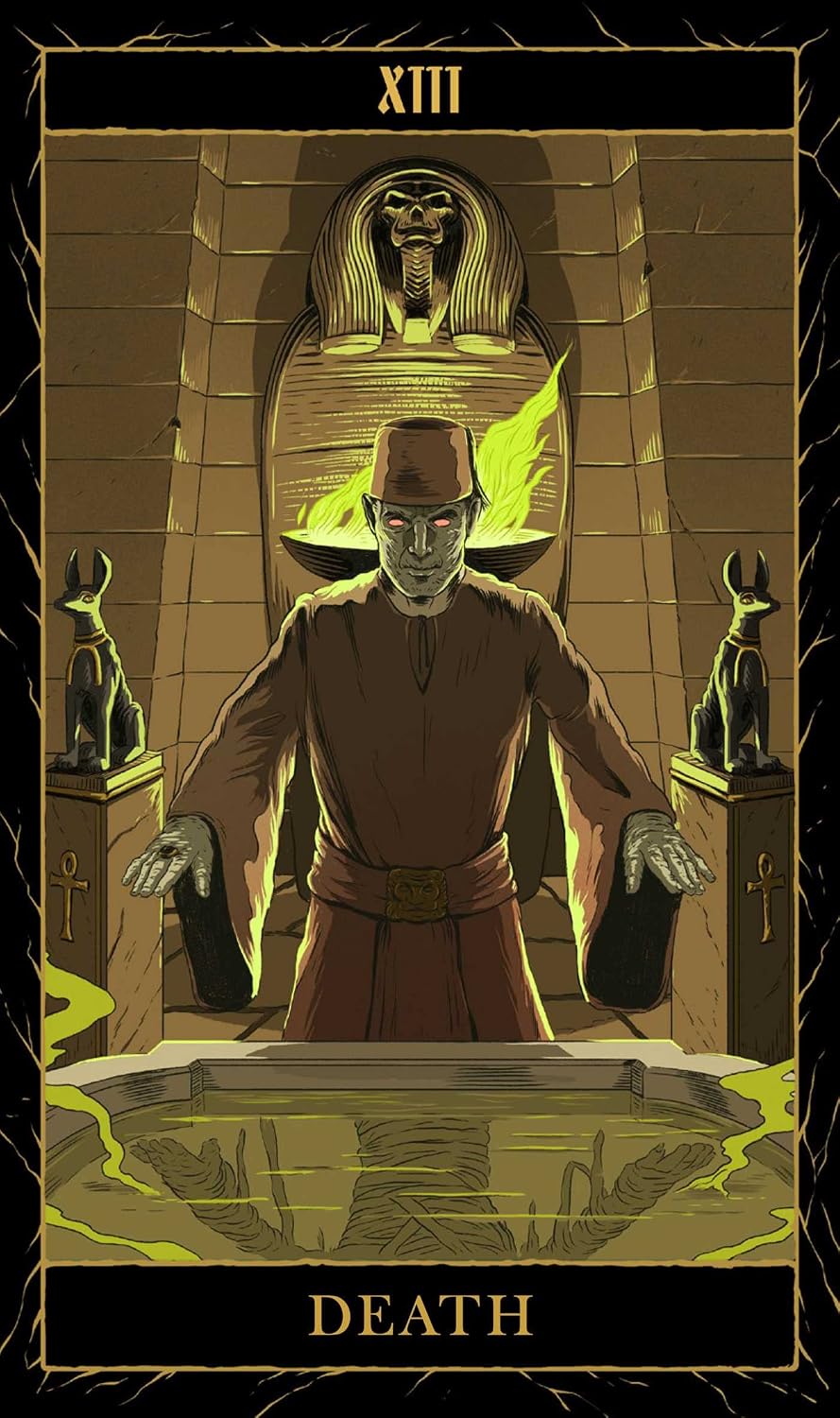 Tarot card titled 'Death' with a figure in a hat and coat, surrounded by Egyptian-style statues and hieroglyphs.