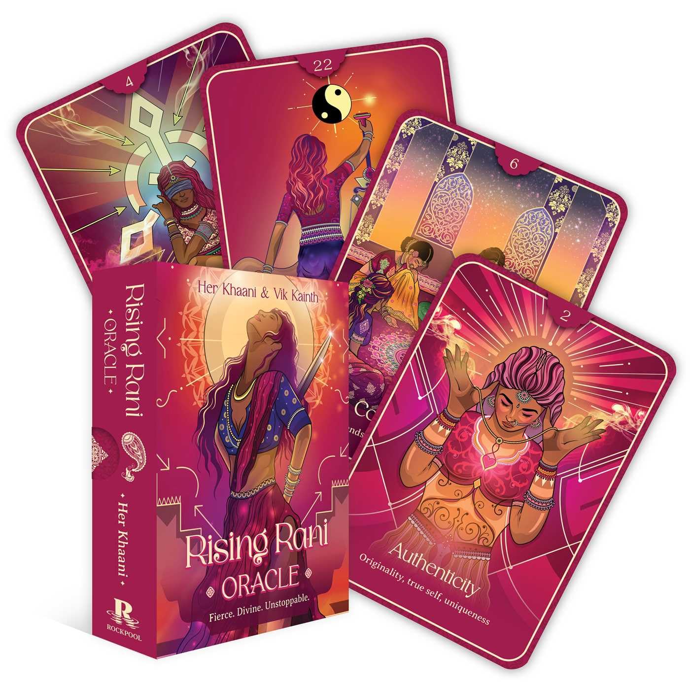 Rising Rani Oracle cards with colorful designs and a box on a white background