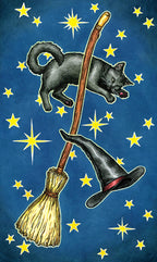 Black cat, broomstick, and witch's hat on a blue background with stars