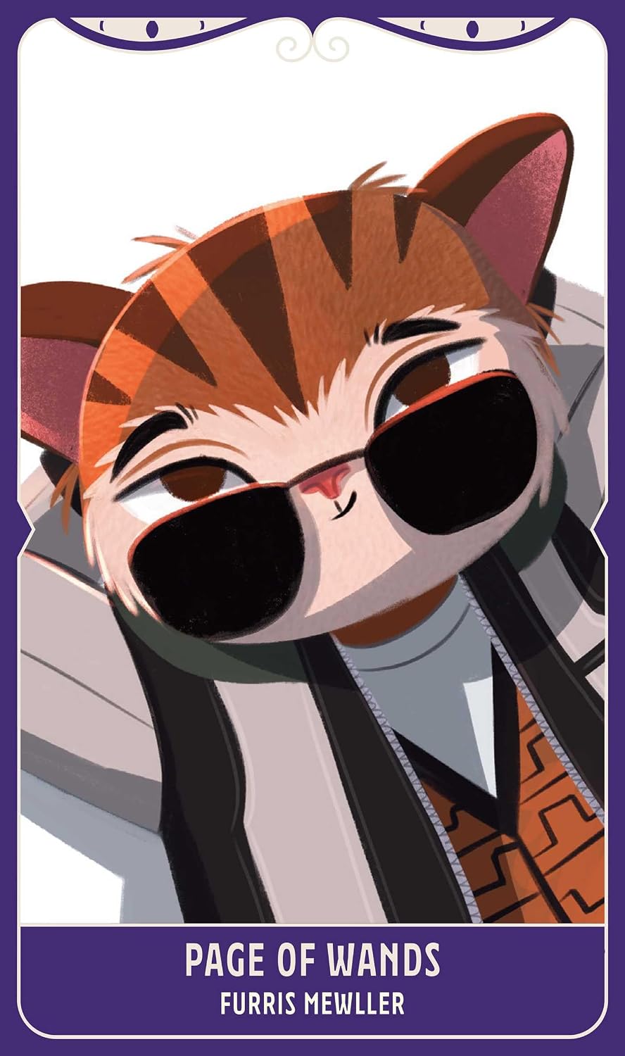 Illustration of a cat-like character with sunglasses on a tarot card style background