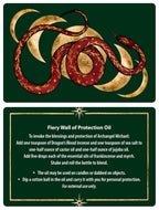 Instructions for a Fiery Wall of Protection Oil with a snake design on a green background.