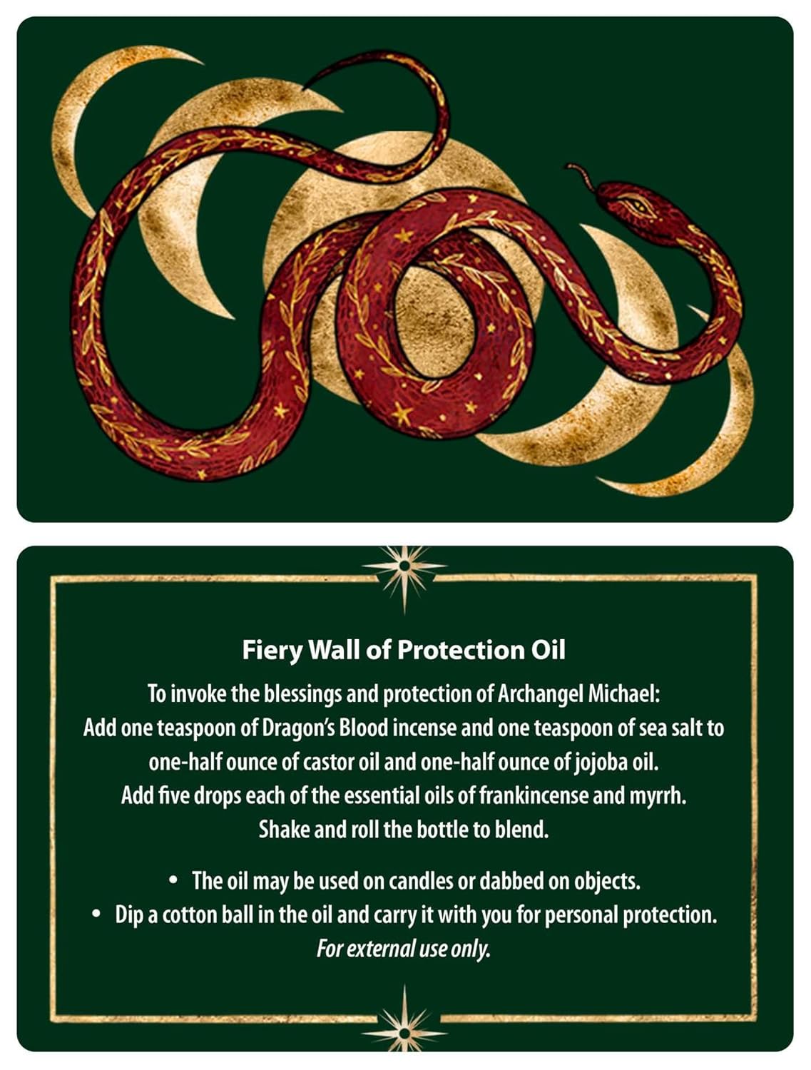Instructions for a Fiery Wall of Protection Oil with a snake design on a green background.