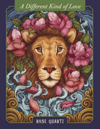 Book cover with a lion's head surrounded by flowers and decorative elements, titled 'A Different Kind of Love' by Rose Quartz.