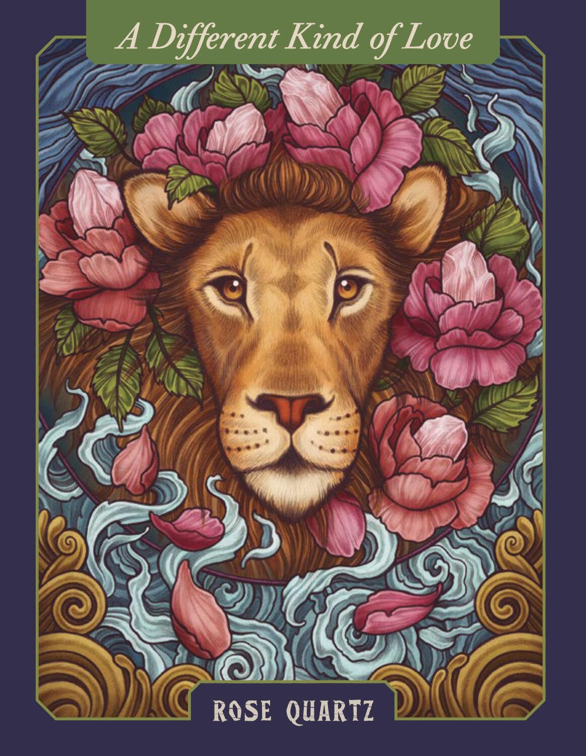 Book cover with a lion's head surrounded by flowers and decorative elements, titled 'A Different Kind of Love' by Rose Quartz.