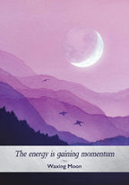 Purple landscape with mountains and a waxing moon, featuring text 'The energy is gaining momentum' and 'Waxing Moon'.
