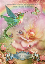 Colorful illustration of a hummingbird and flowers with butterflies on a pastel background, featuring text about healing and mending.