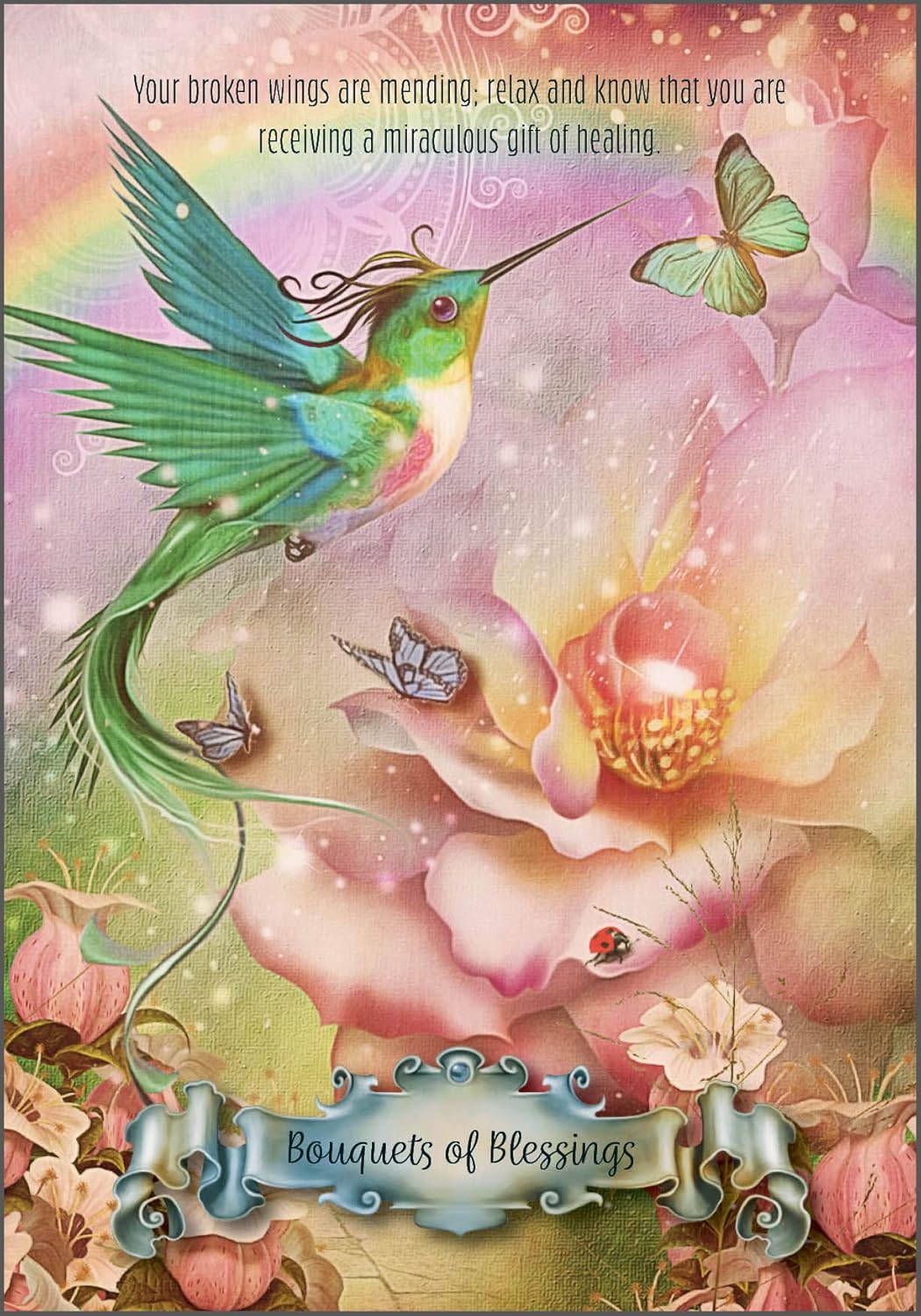 Colorful illustration of a hummingbird and flowers with butterflies on a pastel background, featuring text about healing and mending.