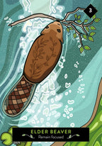 Illustration of an elder beaver with a branch, set against a nature-themed background.