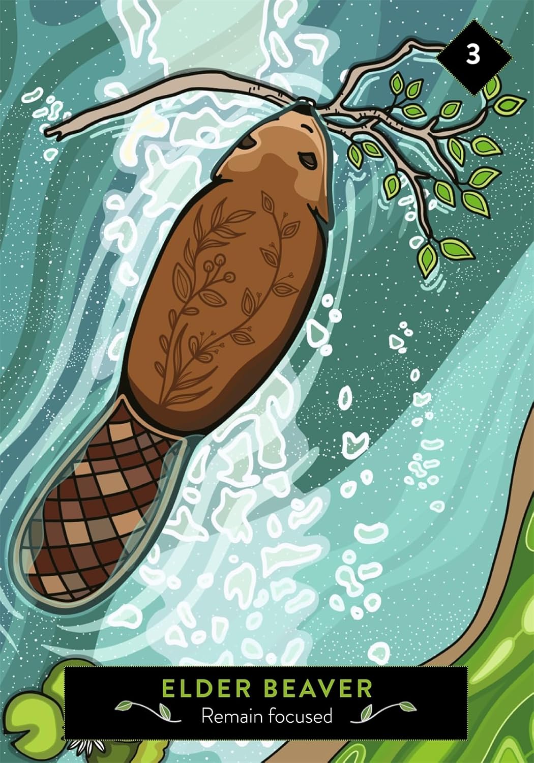Illustration of an elder beaver with a branch, set against a nature-themed background.