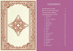 A flat lay or scan of an oracle card booklet page showing the 'CONTENTS' table of contents on a mauve-purple background, next to an ornate cream-colored card with a brown decorative border and central medallion.