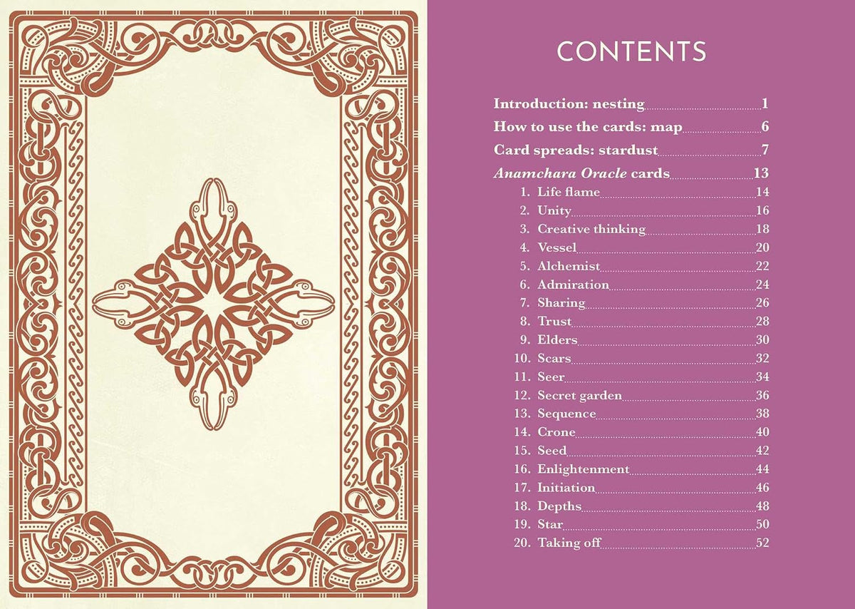 A flat lay or scan of an oracle card booklet page showing the 'CONTENTS' table of contents on a mauve-purple background, next to an ornate cream-colored card with a brown decorative border and central medallion.