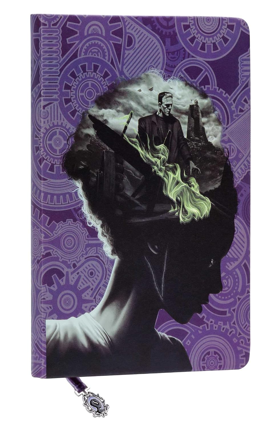Notebook with a purple cover featuring a silhouette of a man and woman, with green smoke effect, on a white background.