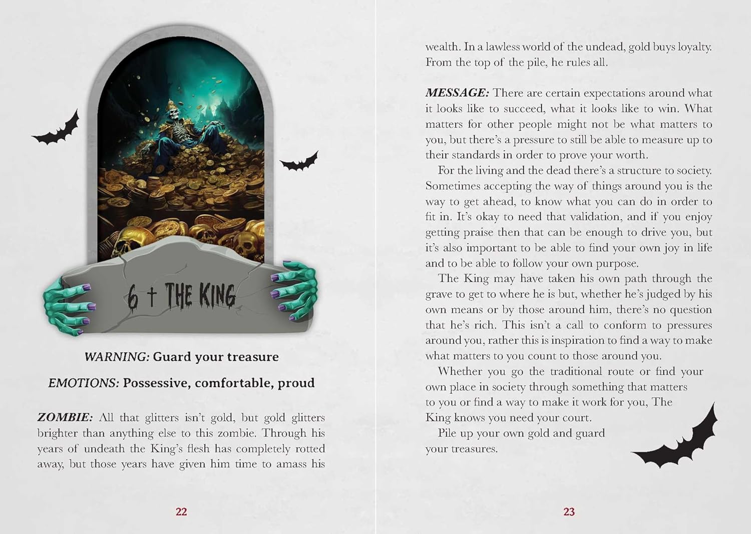 Page from a book with a dark fantasy scene, text, and a warning label.
