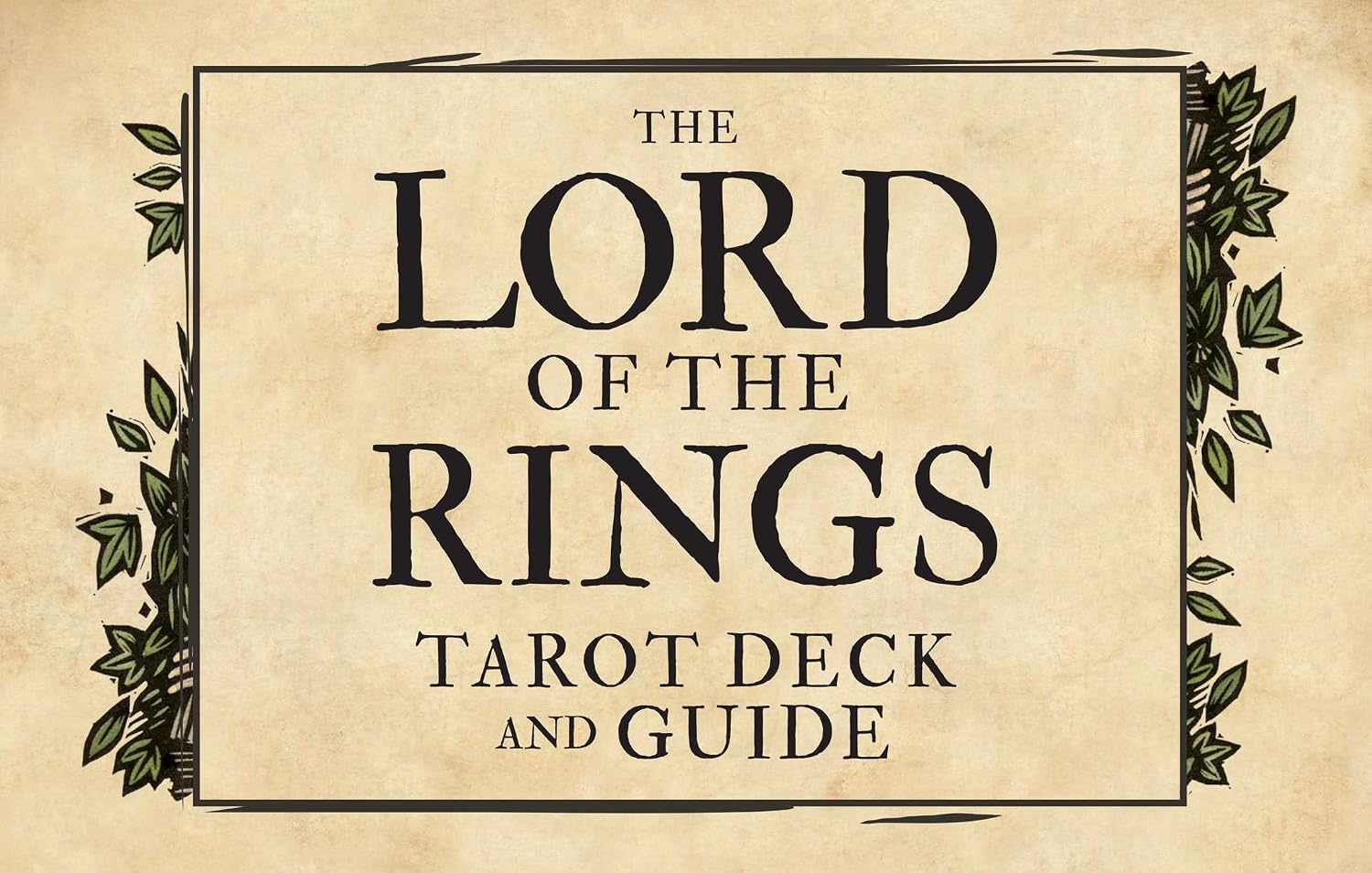 Title card for 'The Lord of the Rings Tarot Deck and Guide' with decorative elements on a beige background.