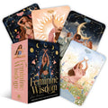 Set of 'Feminine Wisdom' tarot cards with colorful designs and text.